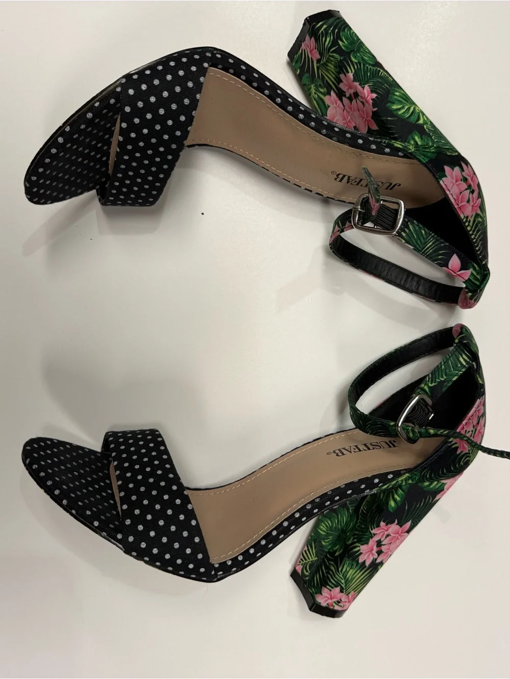 Lena Black Polka Dot & Floral Ankle Strap Heels